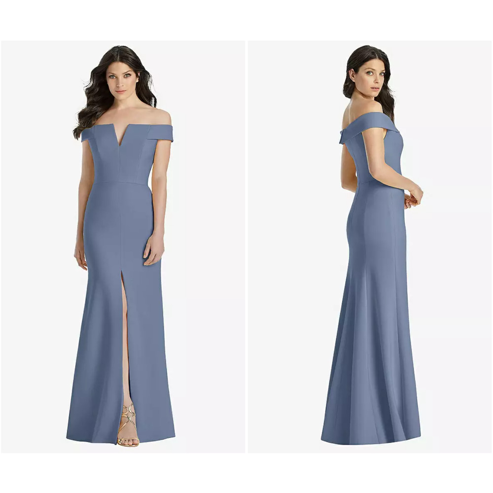Dessy Collection 3038 Sz 8 Off-The-Shoulder Notch Trumpet Gown Larkspur Blue New